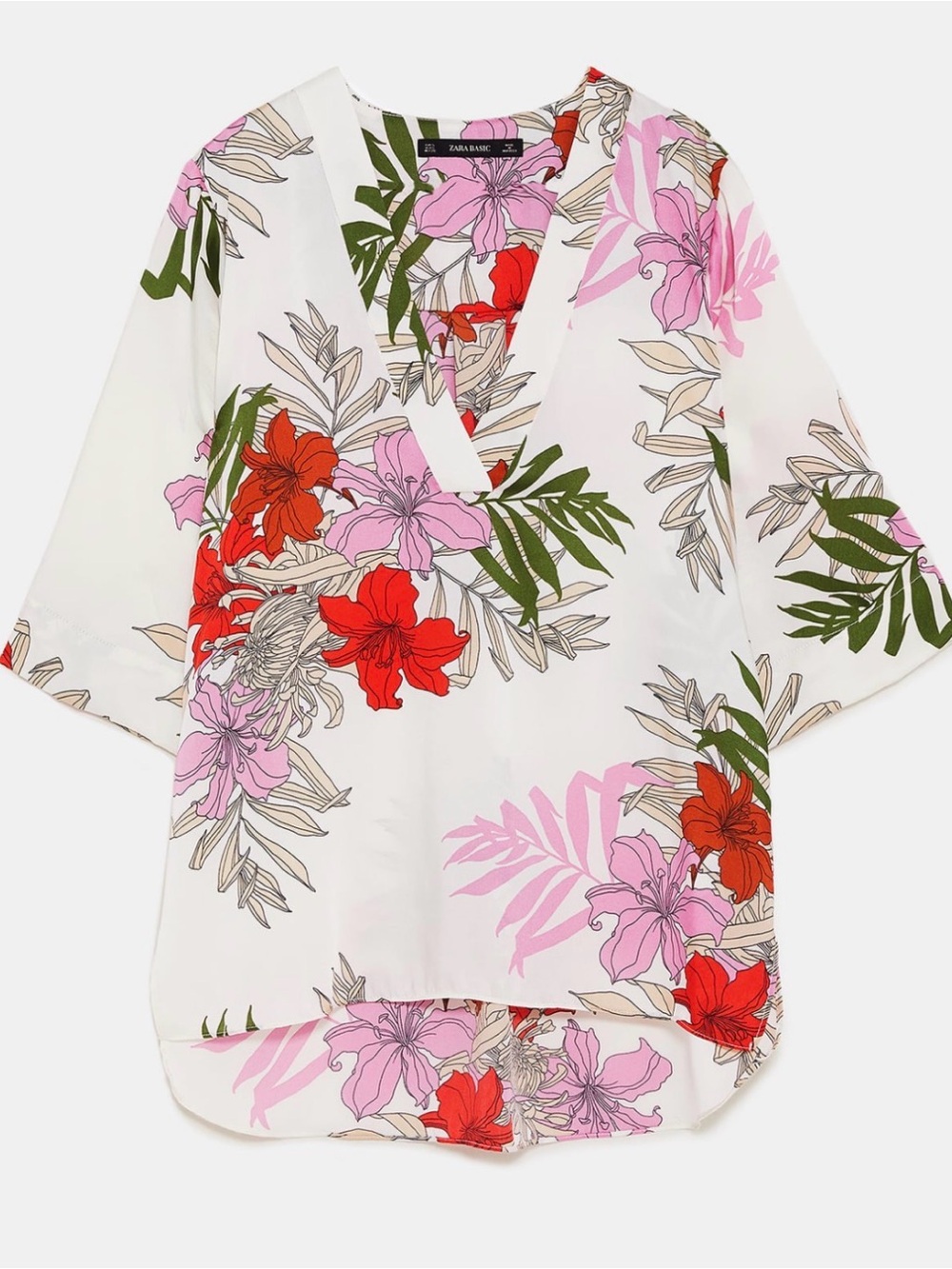 Zara White Tunic Top with Pink & Red Floral Print, Size Large